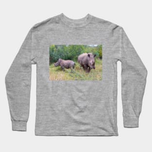 Rhino mother and baby foraging Long Sleeve T-Shirt